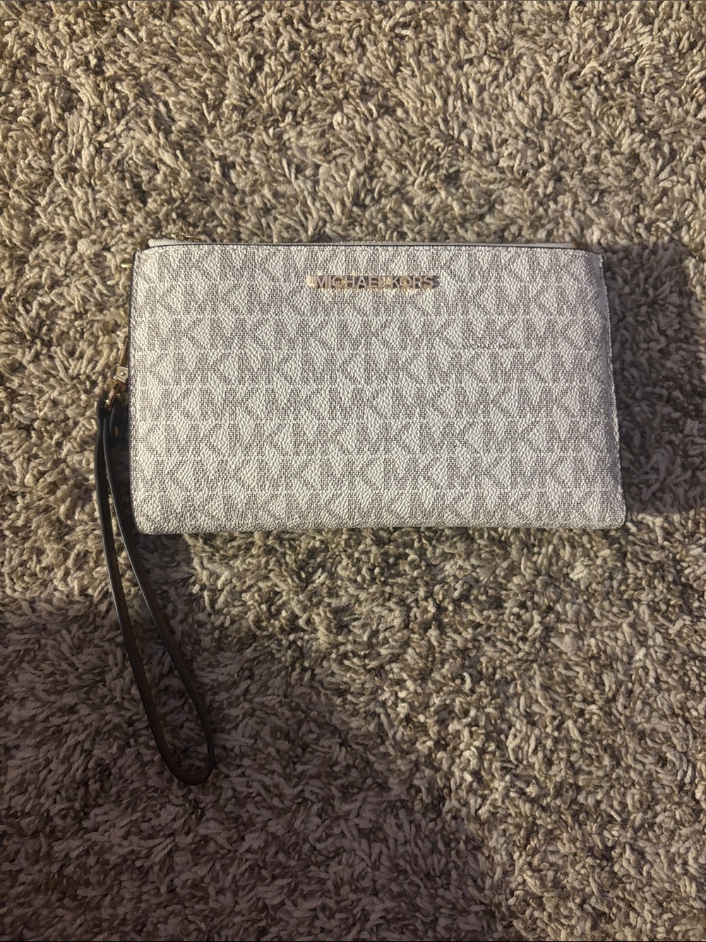 Michael Kors Silver Logo Wristlet with Brown Strap